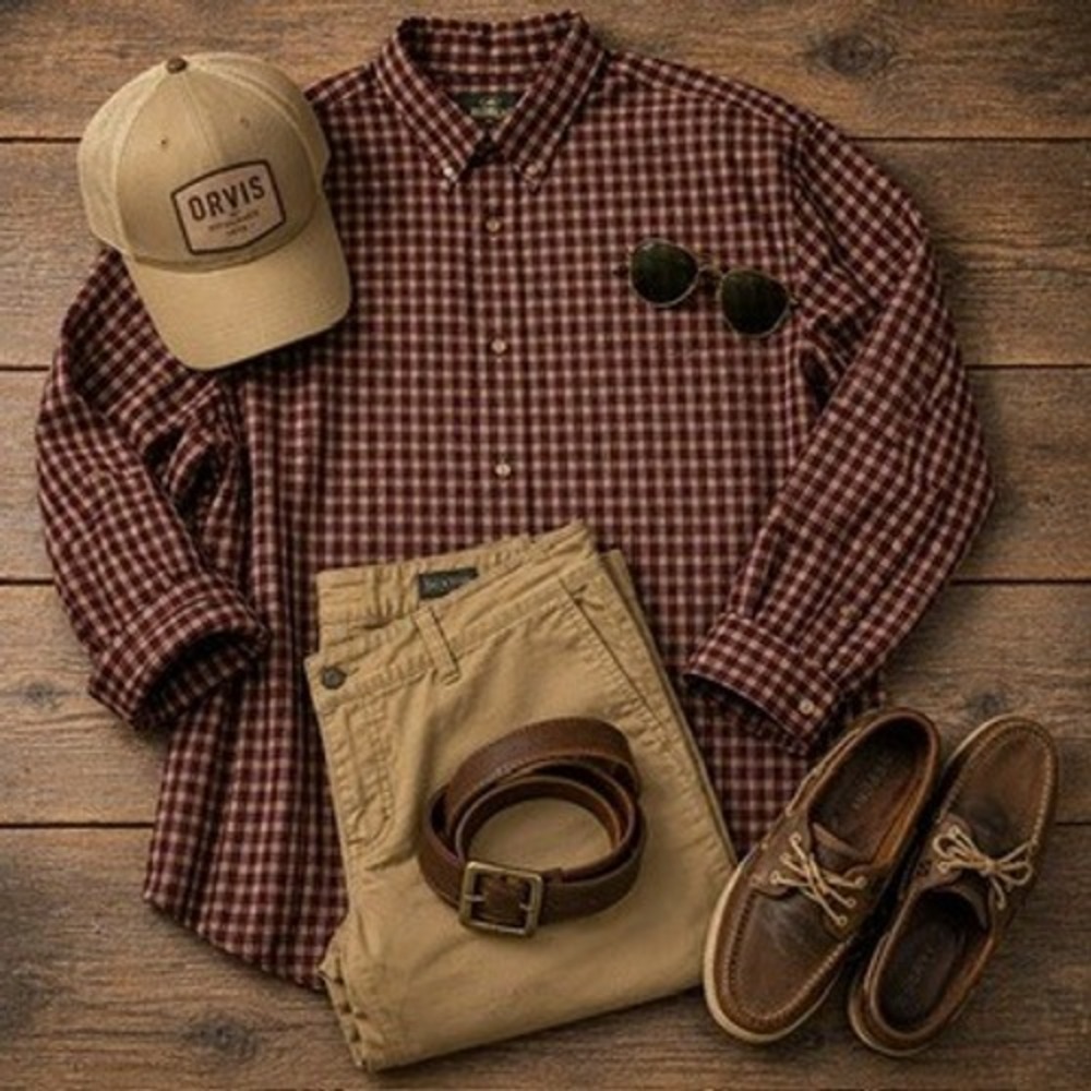 RedHead Men's XL Long Sleeve, Plaid, Button Down‎ Shirt, Burgundy & Tan Check